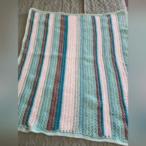 Handmade Crochet Afghan Blanket,Green Striped 33" X 39" Blanket